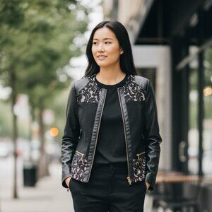 Chico's Black Faux Leather and Lace Bomber Jacket, Size 0 (US XS/S)